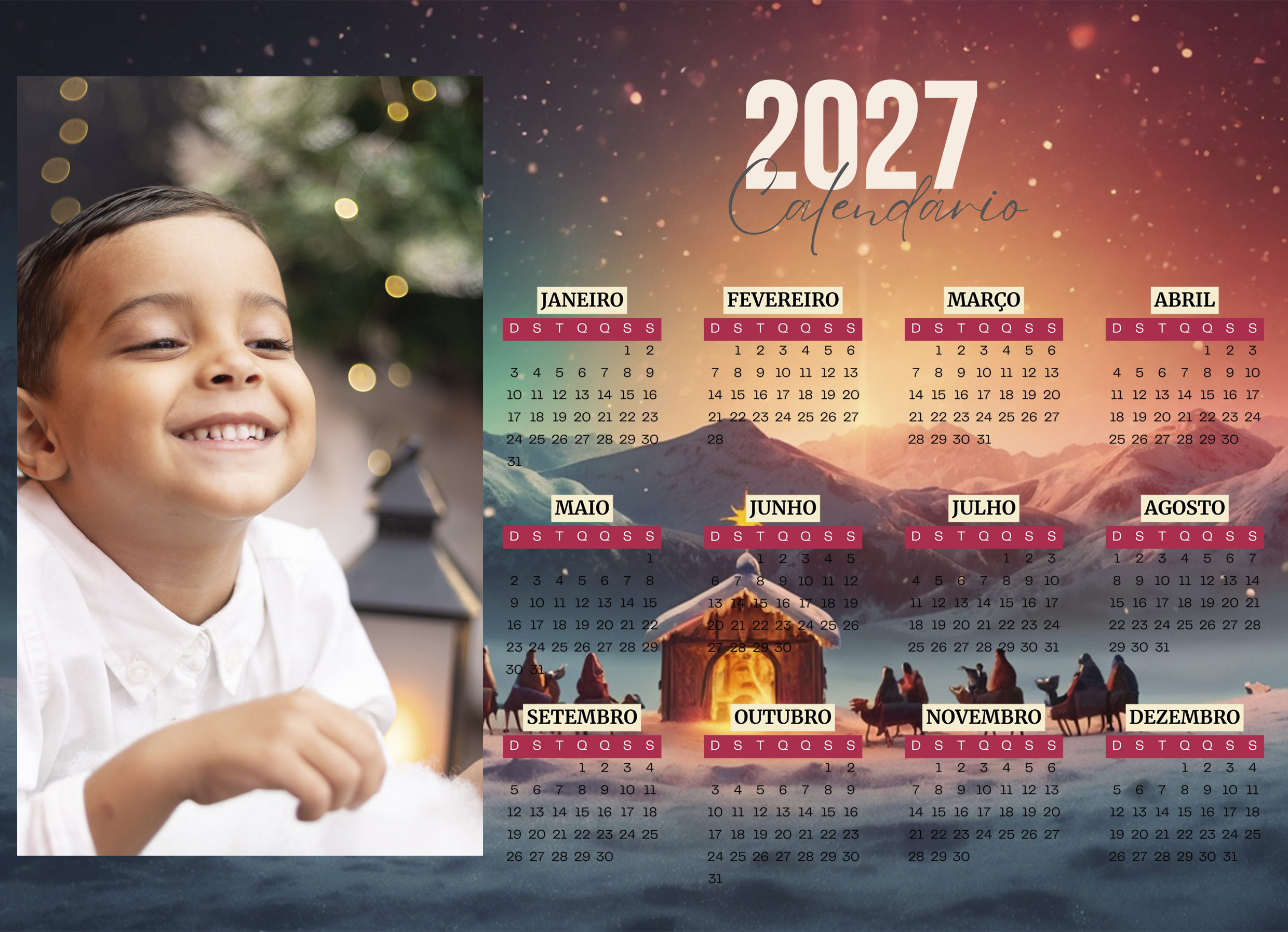 Modelo de calendário 2027 do Pack Calendários Natal e Escolares 2027